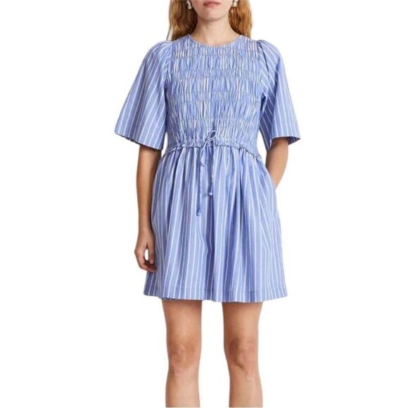 Apiece Apart Adorna Smocked Striped Cotton Mini Dress Blue White Size Medium - Picture 1 of 9